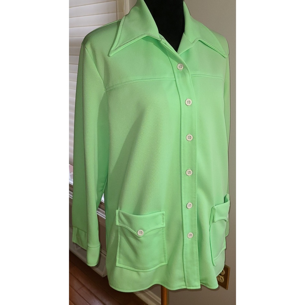 Retro 70s Womens Jacket Size Medium Lime Green Button Up Polyester Pockets Lg